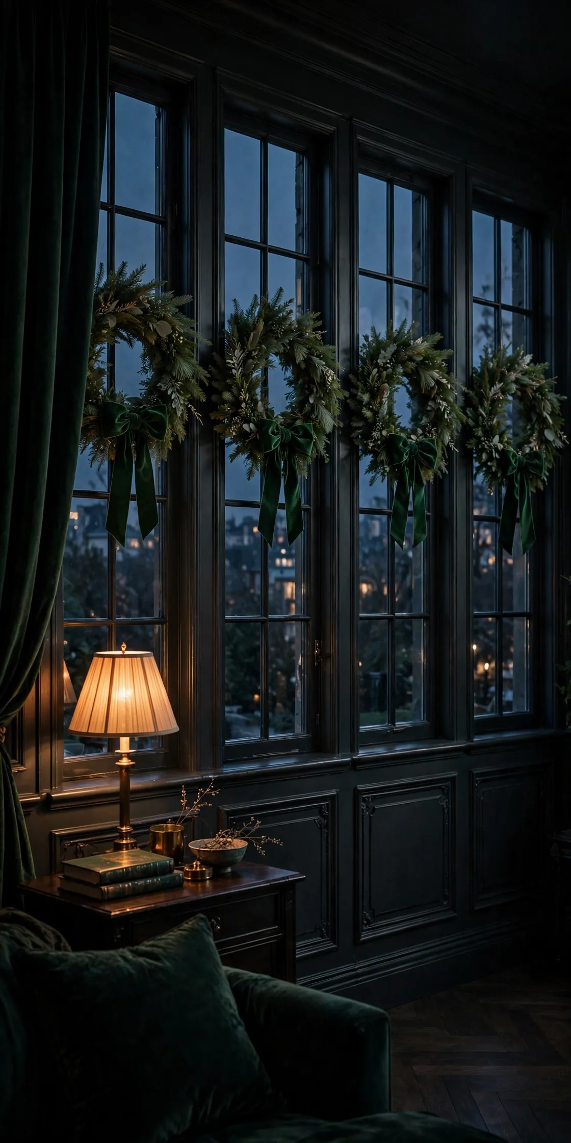 Emerald Green Window Wreaths With Velvet Bows emerald green christmas decorations window wreaths