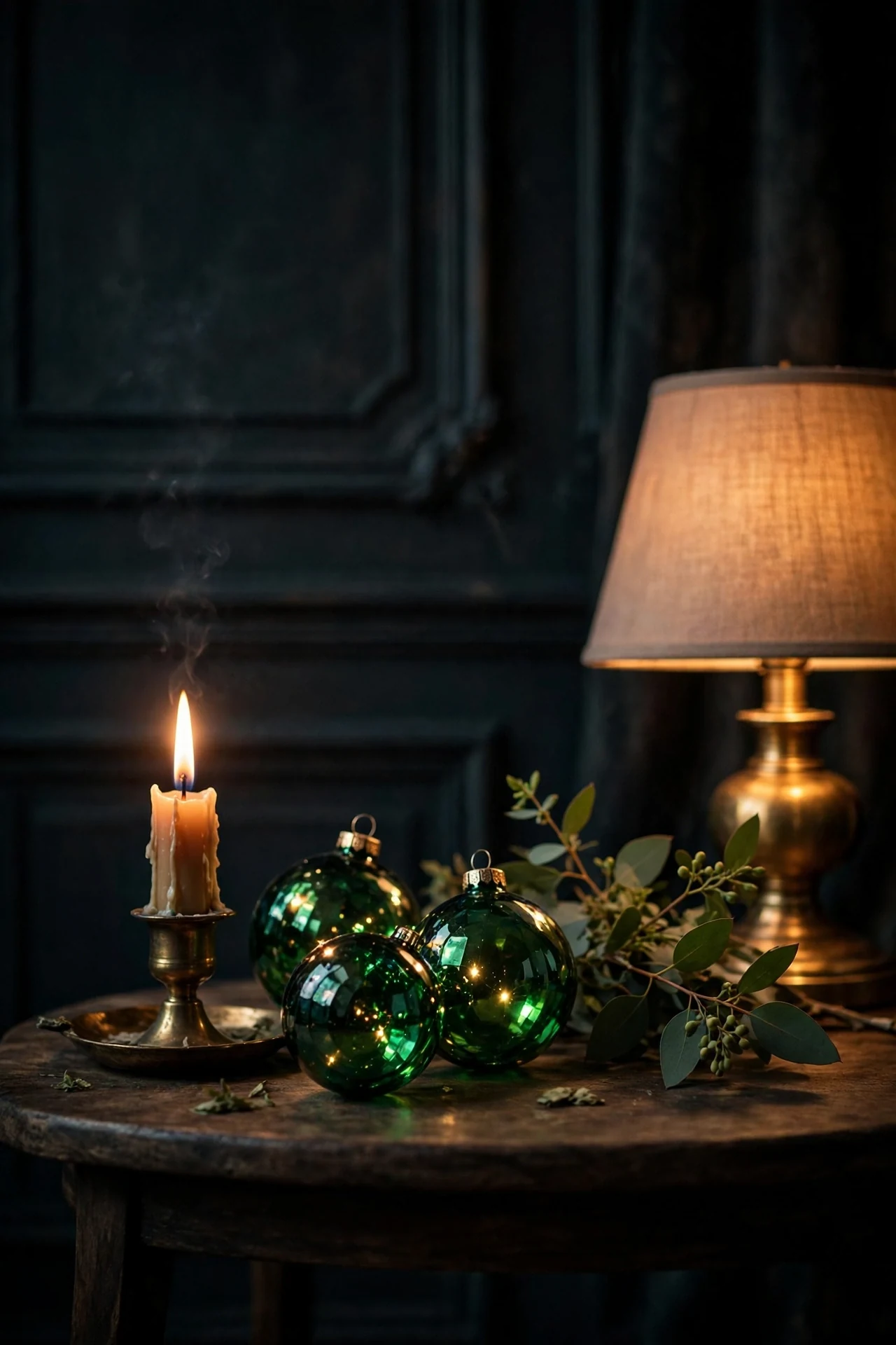 Emerald Green Ornaments With Fairy Light Glow emerald green ornaments fairy lights glow
