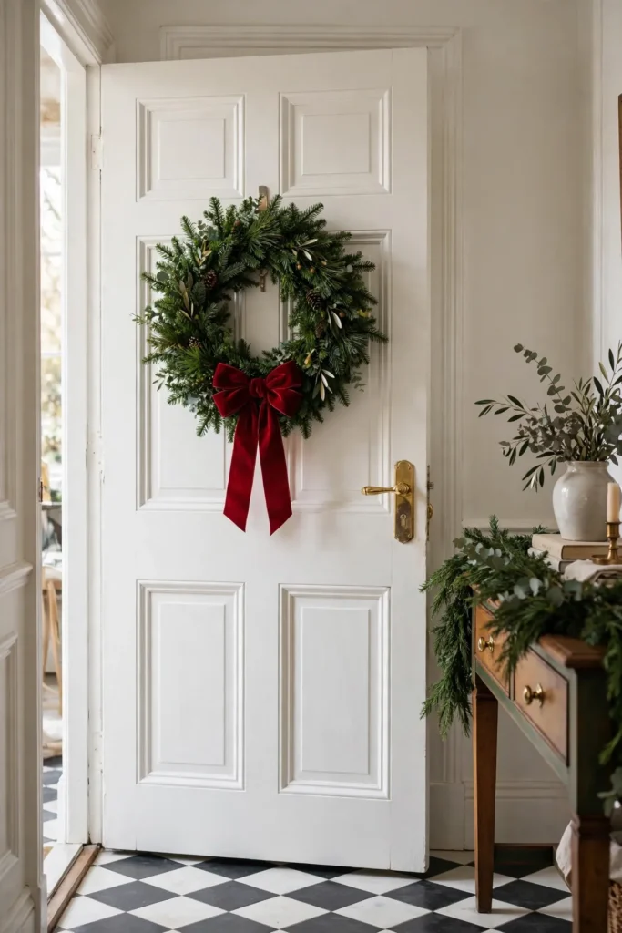 christmas wreath inside front door entryway