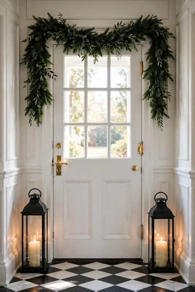 christmas lanterns flanking front door inside