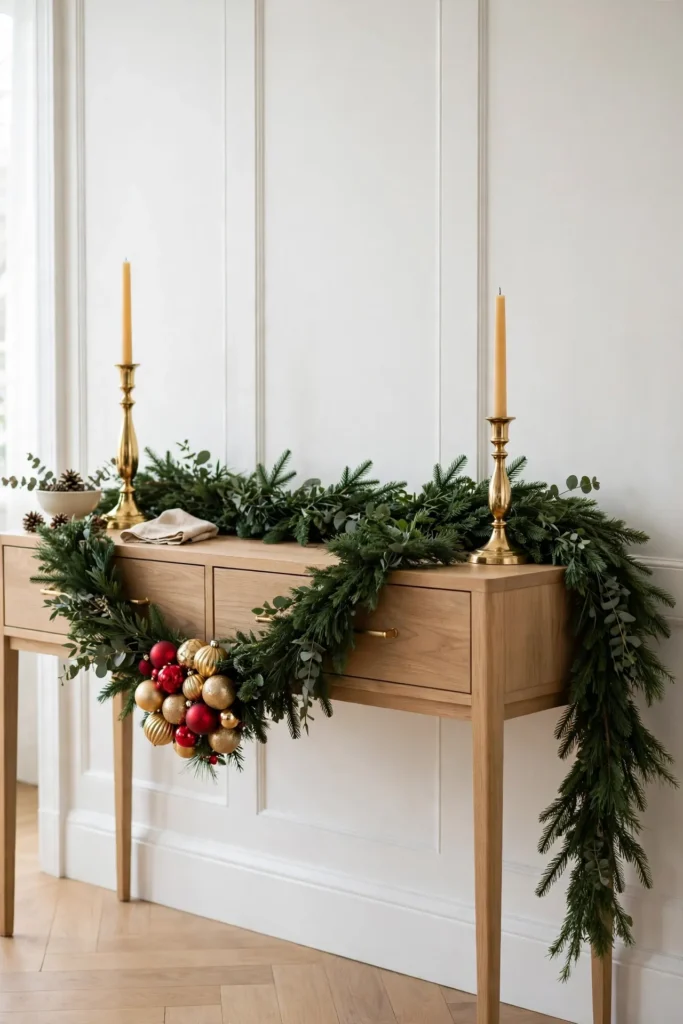entryway table christmas decor garland console