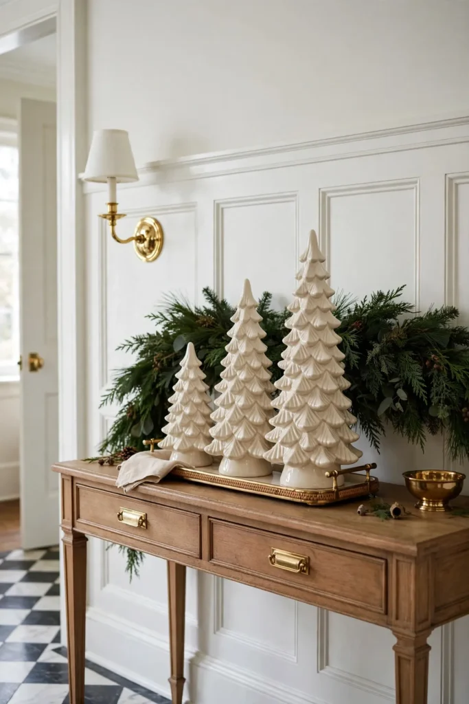 ceramic christmas trees console table trio