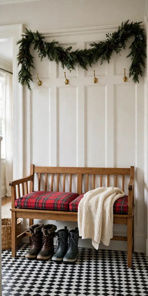 christmas entryway bench plaid cushions