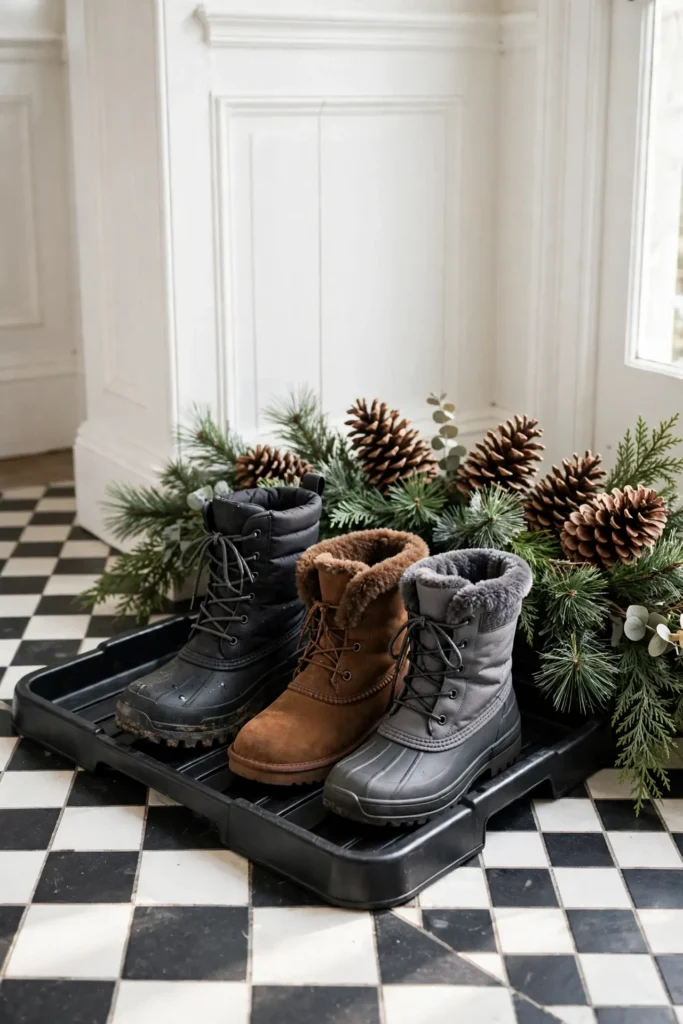 christmas boot tray greenery entryway