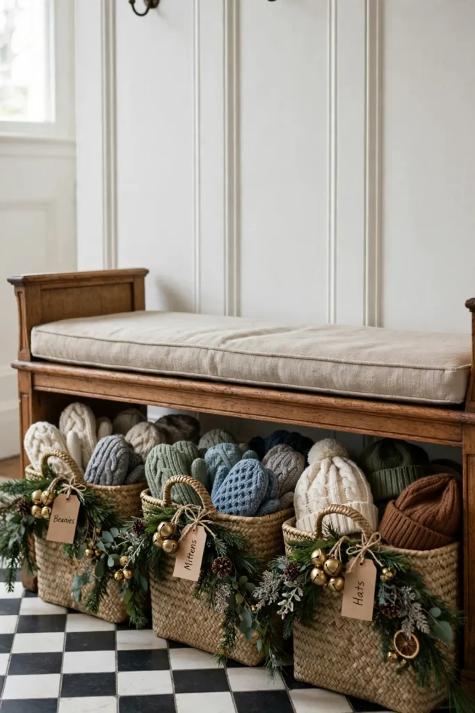 christmas baskets hats mittens entryway bench