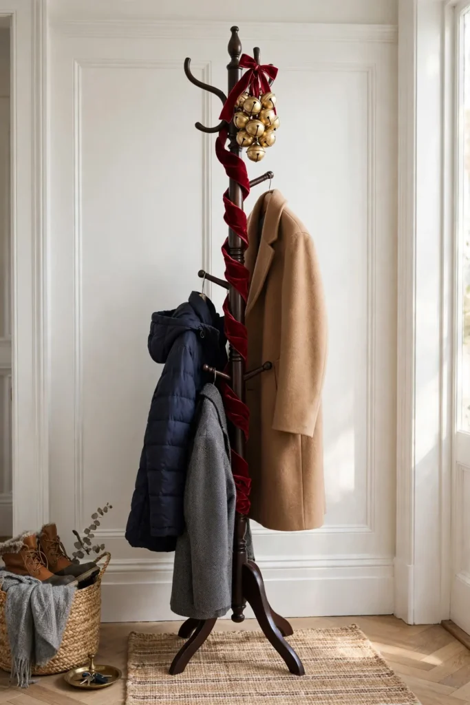 christmas coat rack ribbon bells entryway