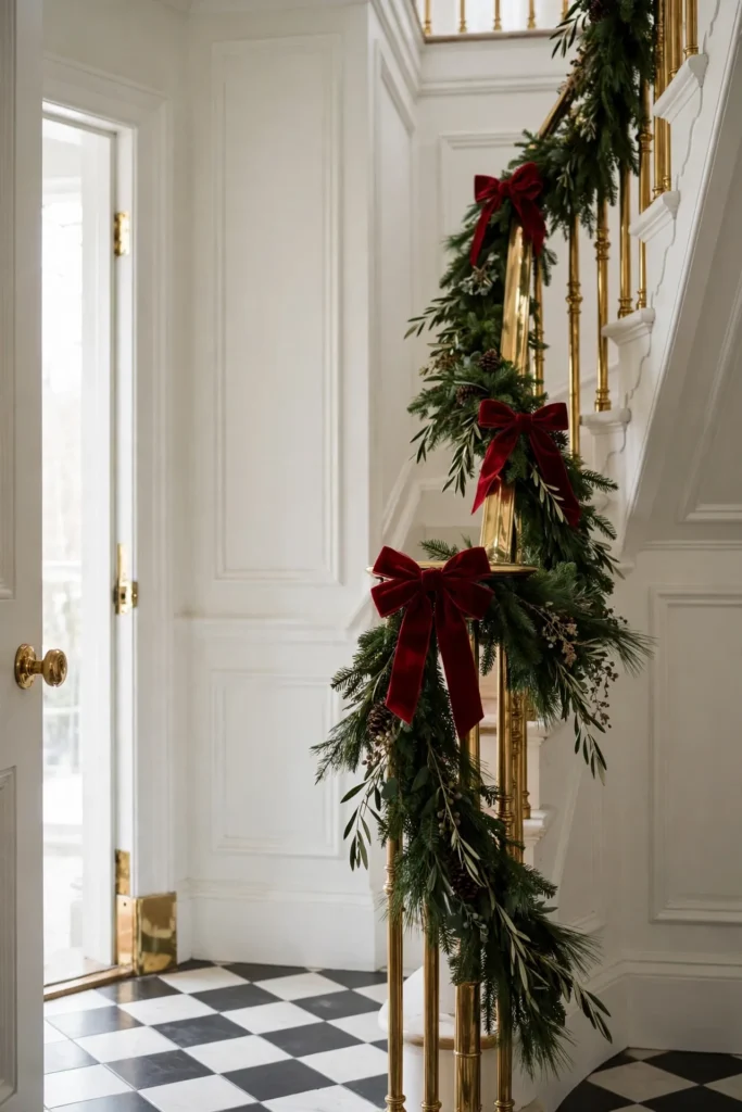 christmas garland staircase railing hallway