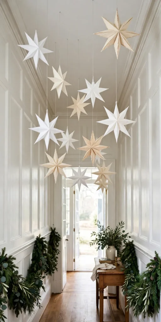 paper star lanterns hanging hallway christmas