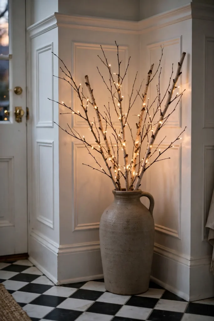 fairy lights branch arrangement entryway vase