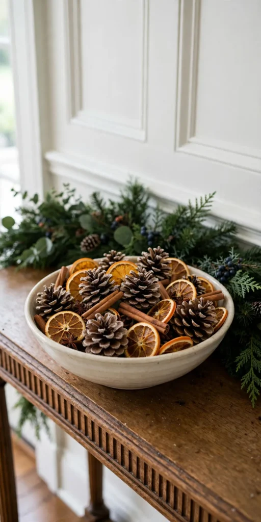 christmas scent bowl pinecones entryway