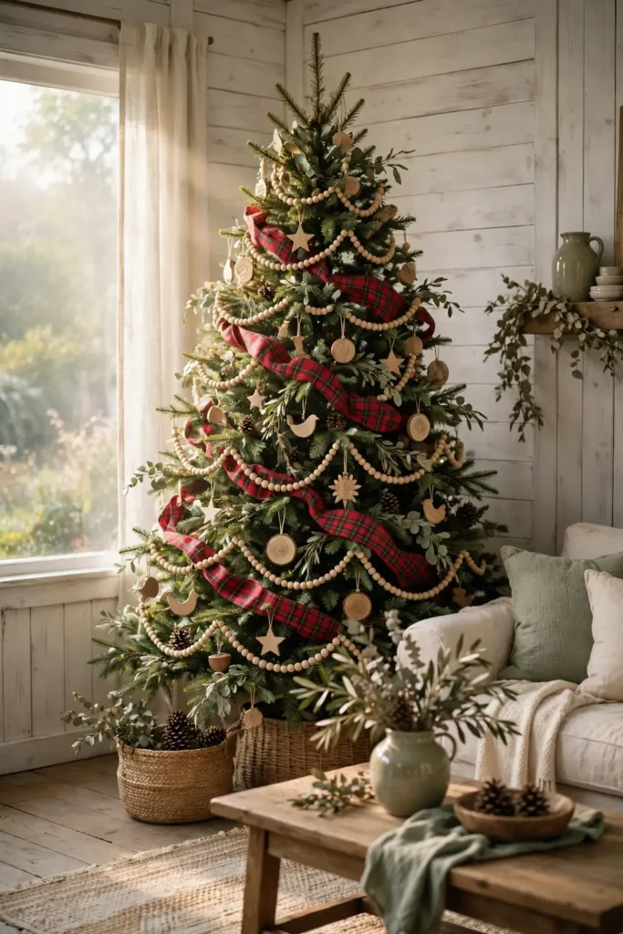 farmhouse christmas tree decorations ribbon bead garland layers