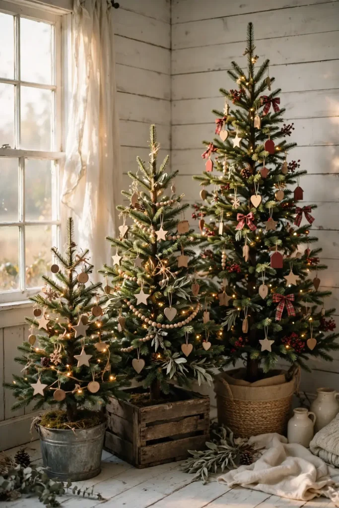 rustic christmas trees grouping three sizes corner