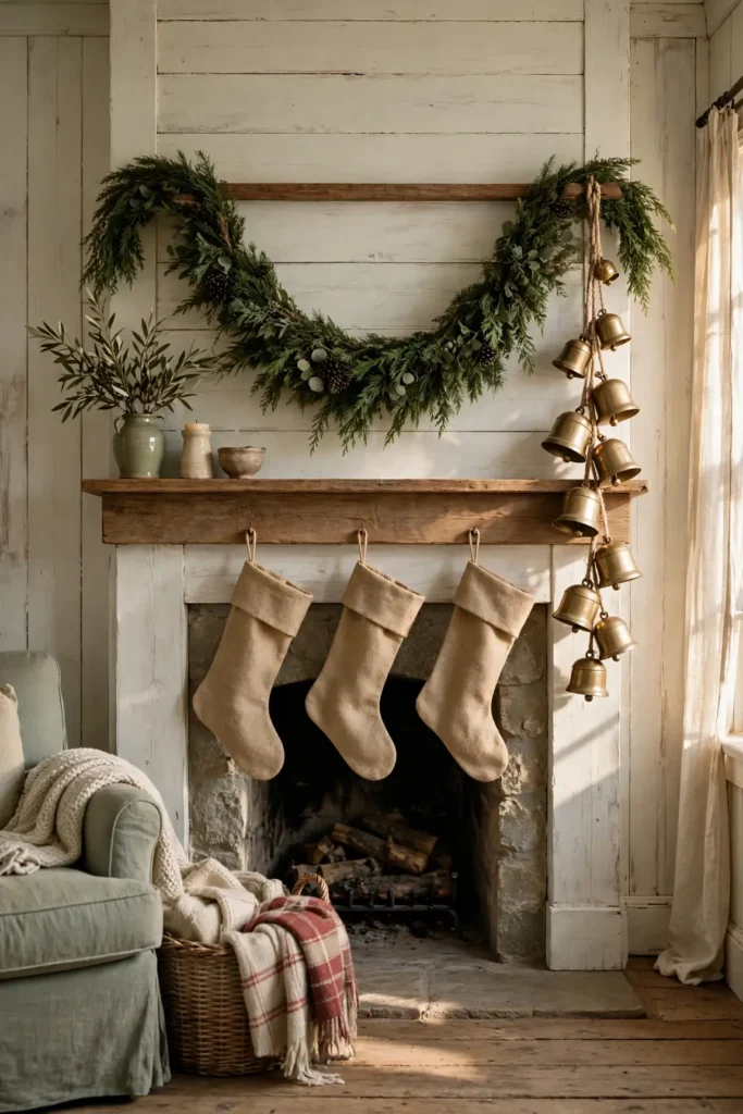 farmhouse christmas mantel garland bells stockings