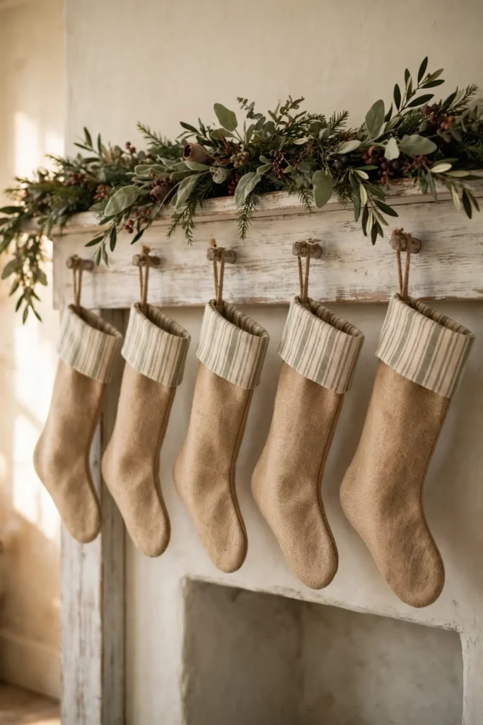 burlap christmas stockings farmhouse mantel