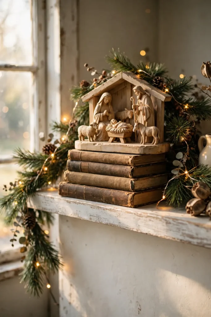 wooden nativity set farmhouse mantel