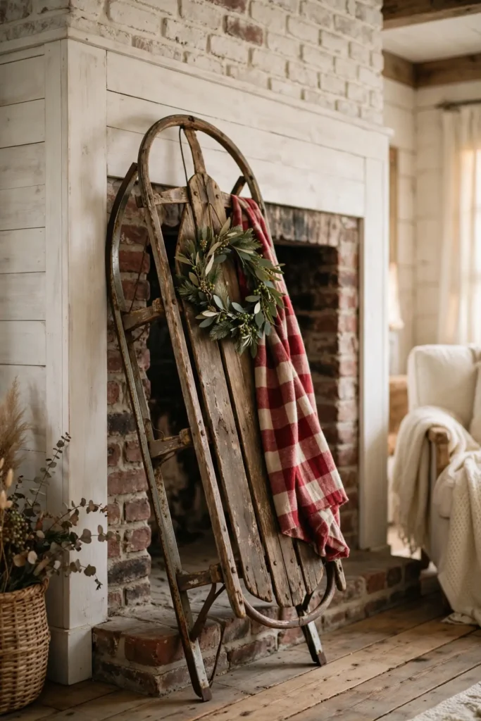 vintage sled farmhouse fireplace christmas decor