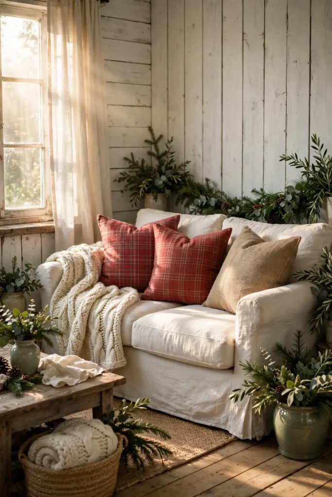 plaid throw grain sack pillows farmhouse sofa christmas