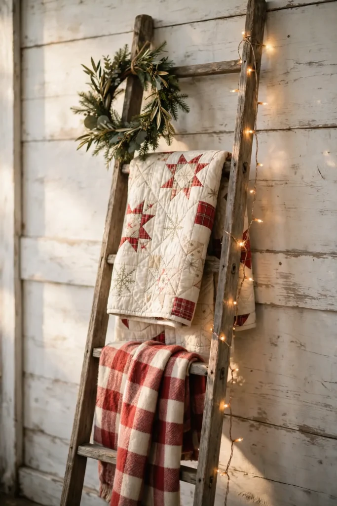 quilt ladder christmas blankets farmhouse living room