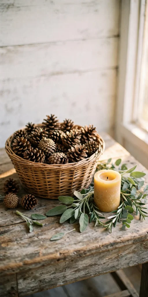 wicker basket pinecones farmhouse coffee table vignette