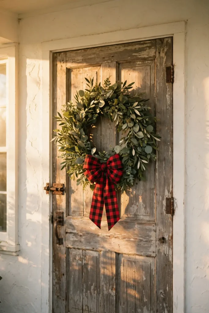 farmhouse christmas wreath buffalo check bow door