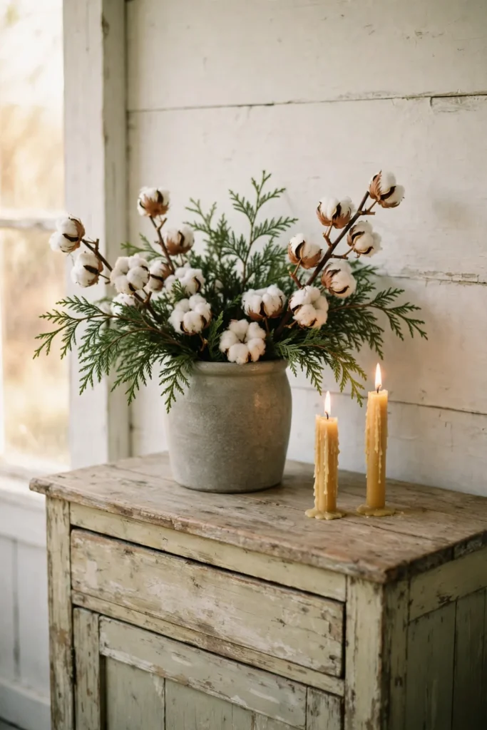 stoneware crock greenery farmhouse table vignette candles
