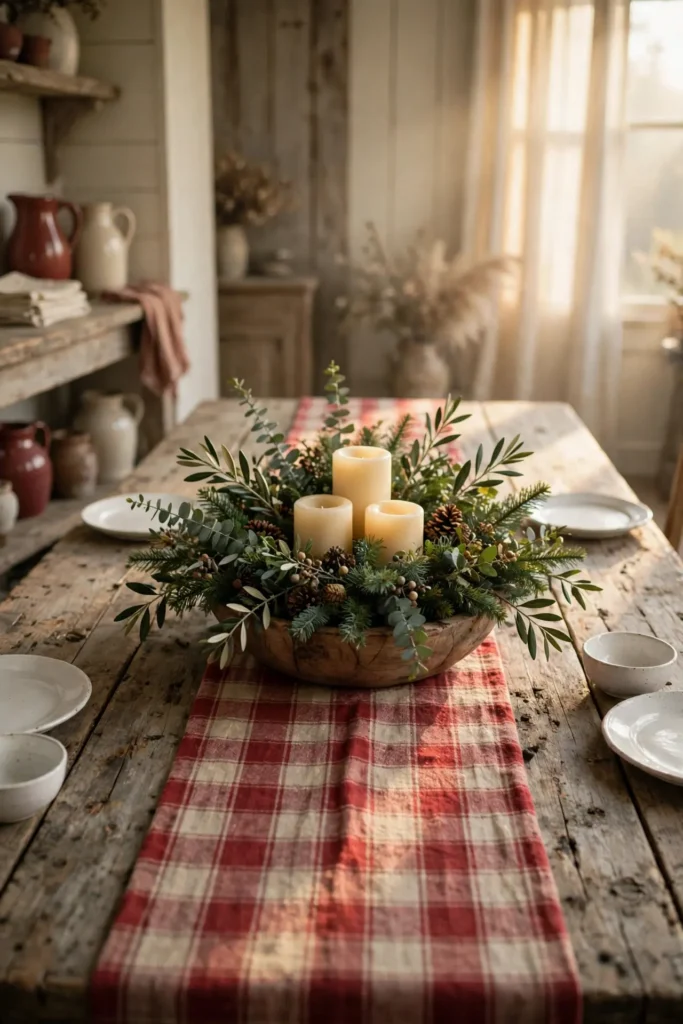 farmhouse dining table plaid runner dough bowl centerpiece