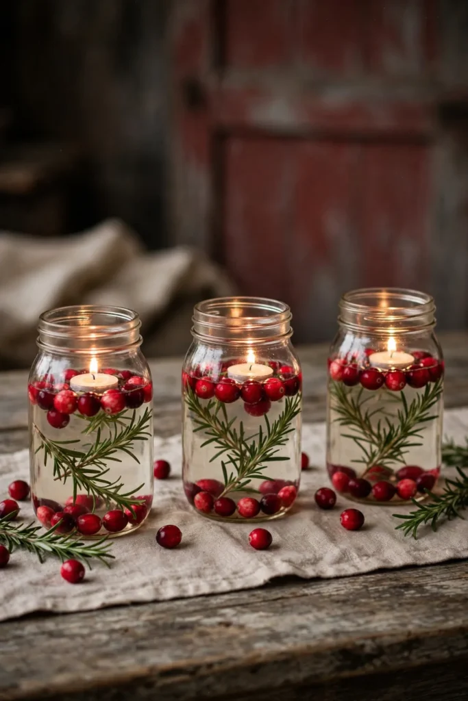 mason jar centerpieces cranberries farmhouse christmas table