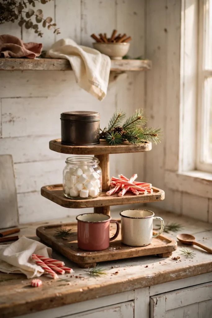 tiered tray hot cocoa bar farmhouse kitchen