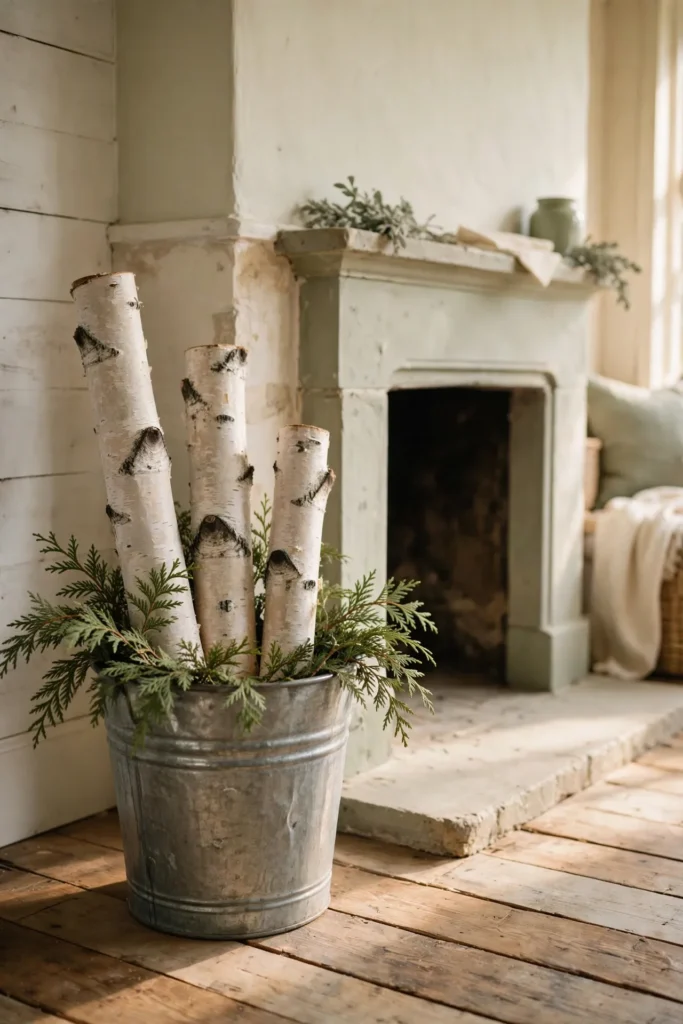 galvanized bucket centerpiece birch logs farmhouse christmas