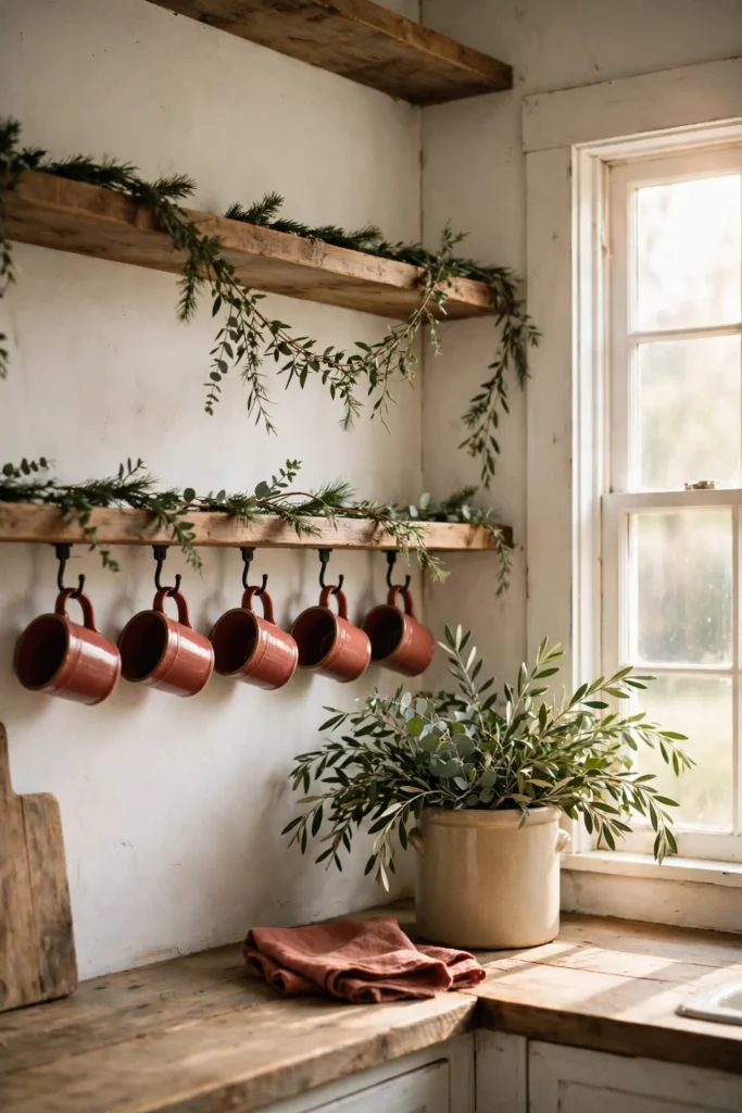 farmhouse kitchen open shelves garland christmas mugs