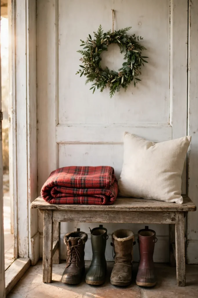 farmhouse entryway bench plaid blanket wooden sign christmas