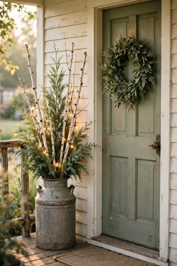 milk can arrangement greenery farmhouse front door christmas