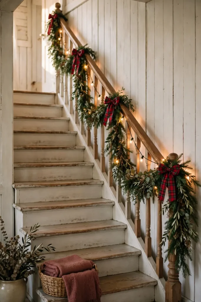 staircase garland bows farmhouse christmas railing