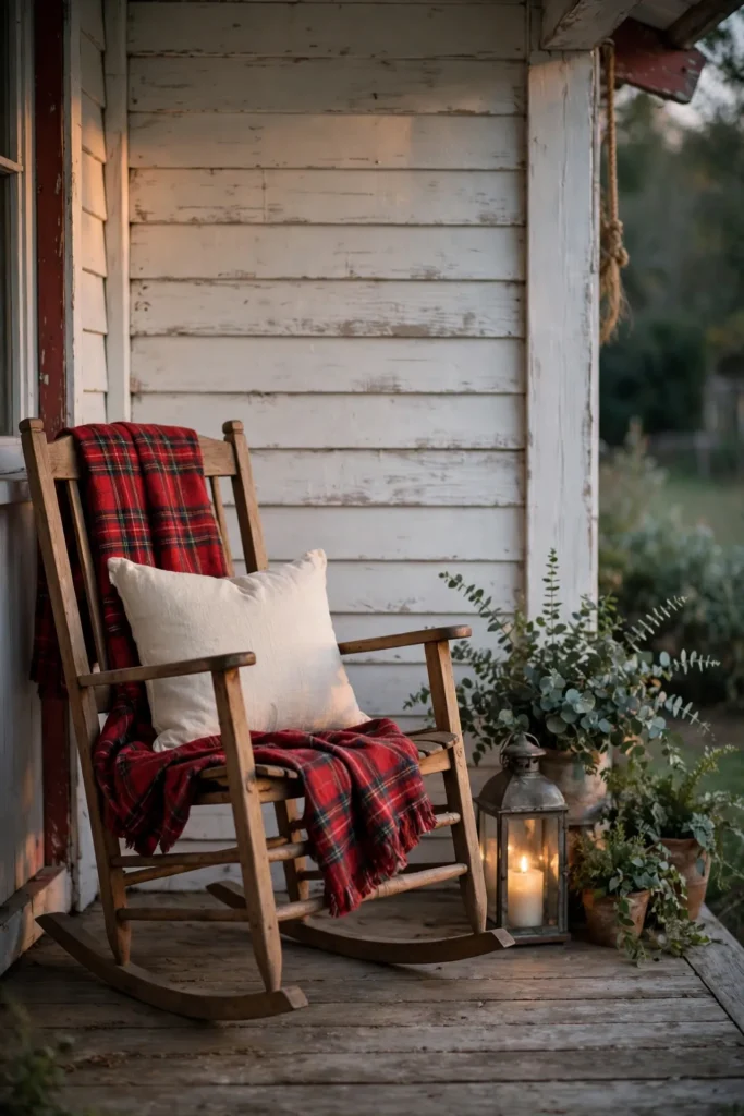 farmhouse porch rocking chair plaid blanket lantern christmas