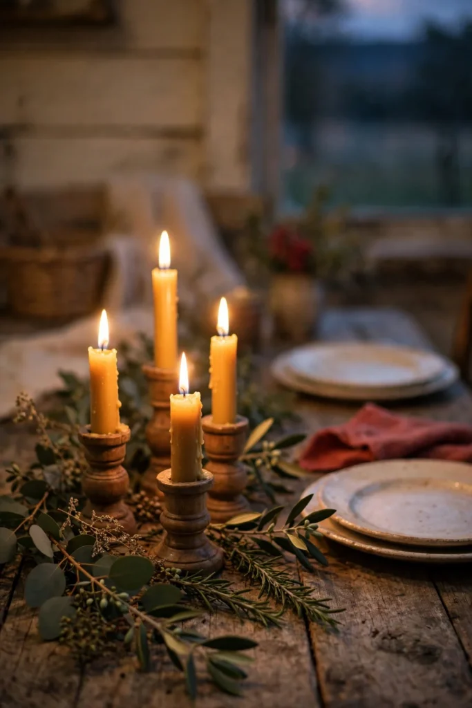 beeswax taper candles wooden holders farmhouse christmas evening