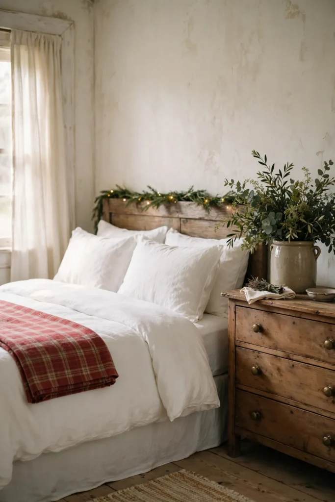 farmhouse bedroom garland headboard plaid bedding christmas