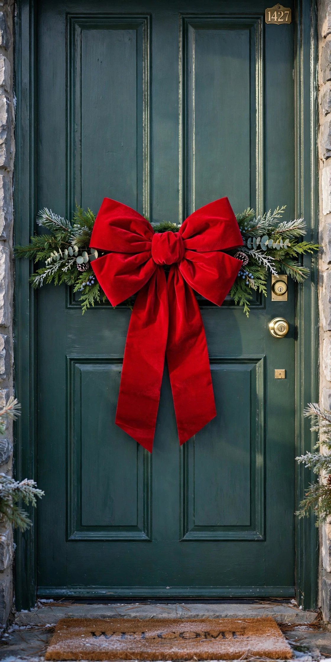 christmas wreath big velvet bow front door