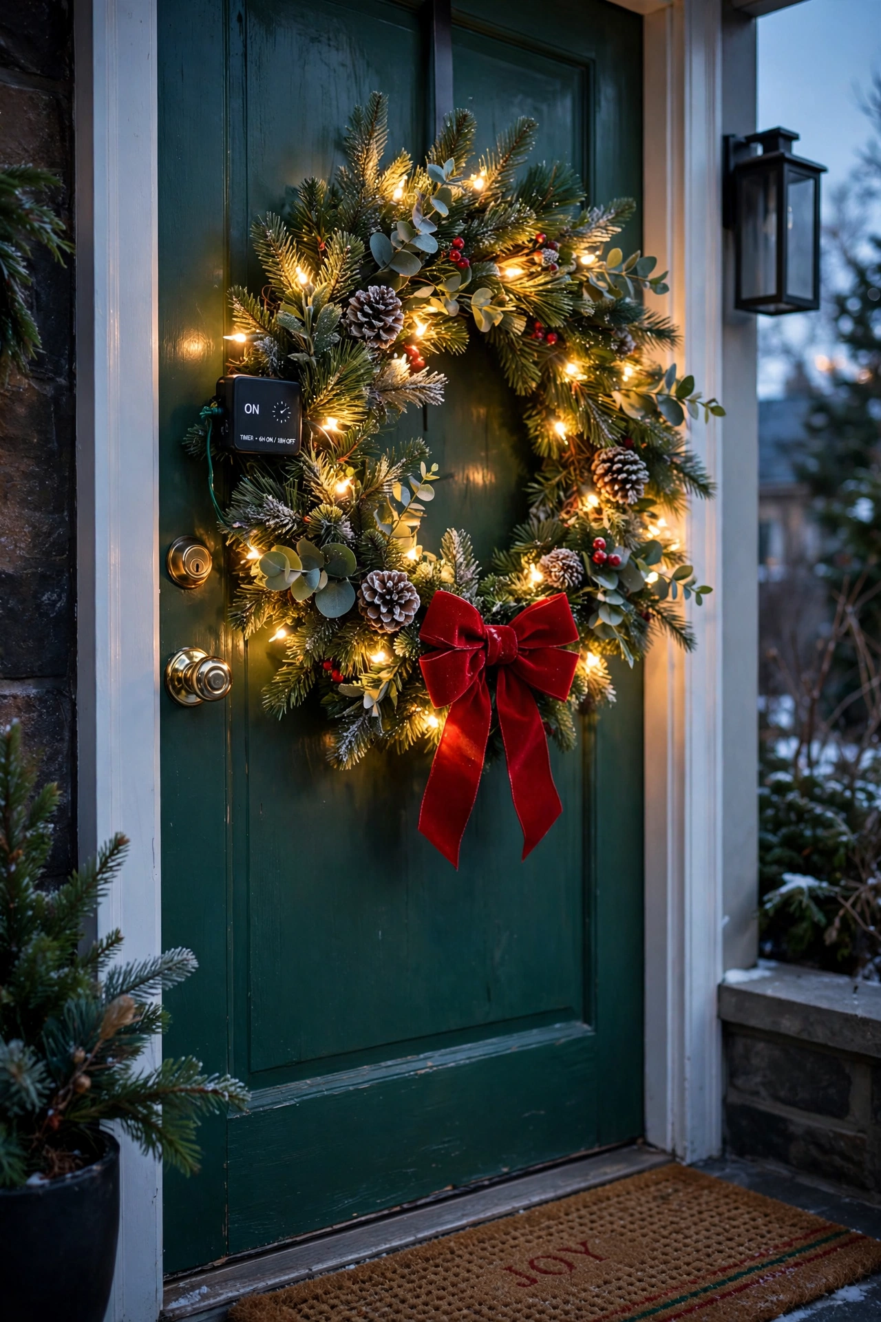 prelit christmas wreath front door evening