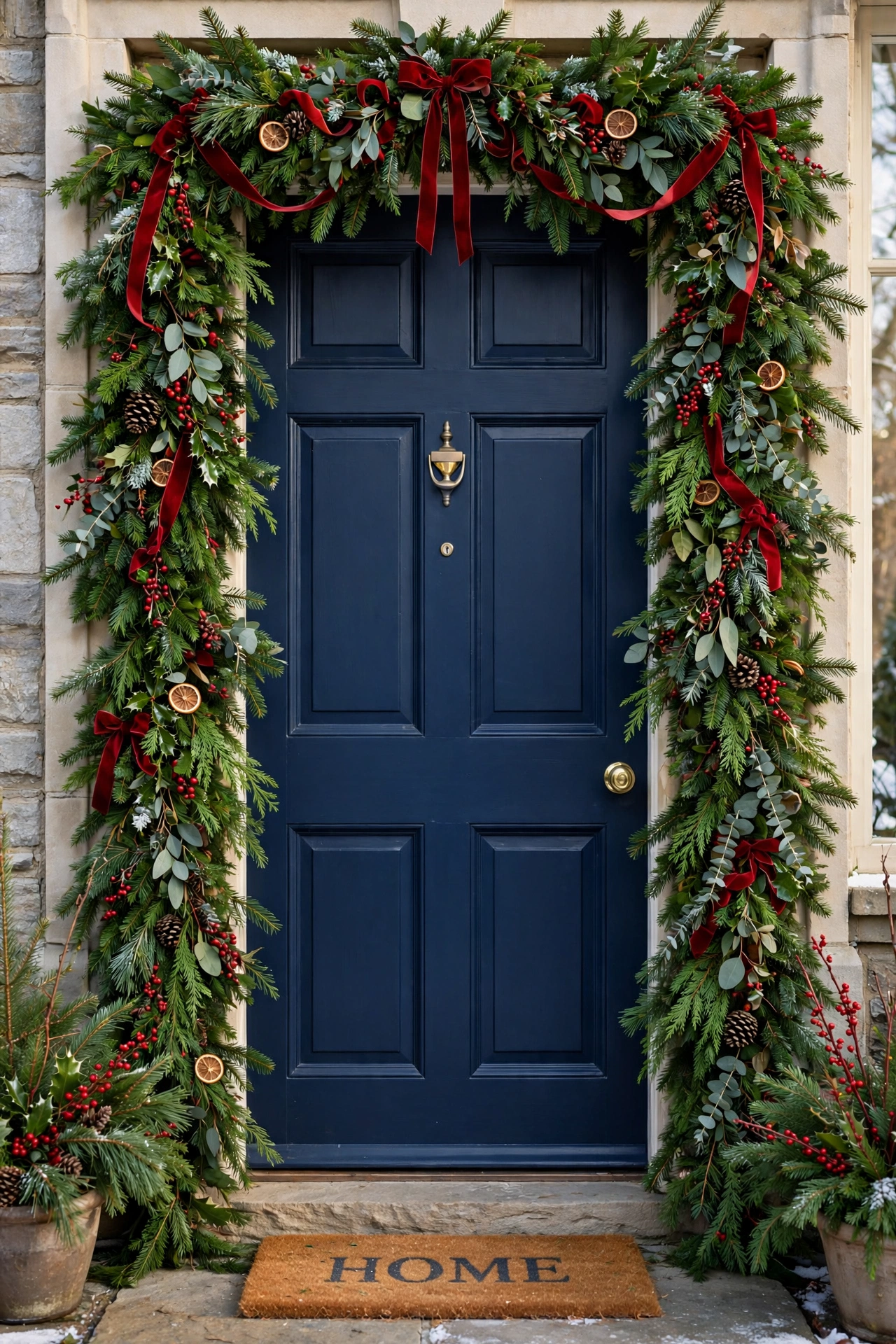 evergreen garland around front door frame