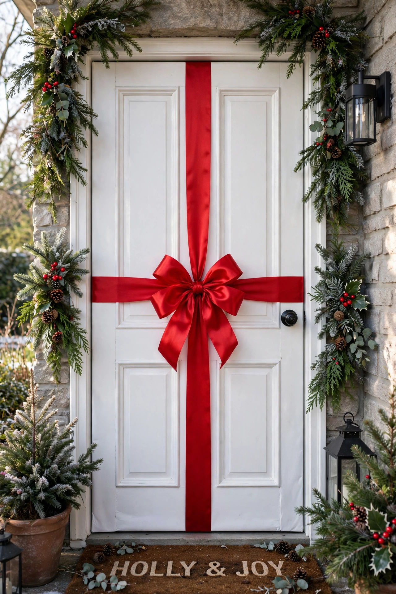 red ribbon door wrap christmas gift door