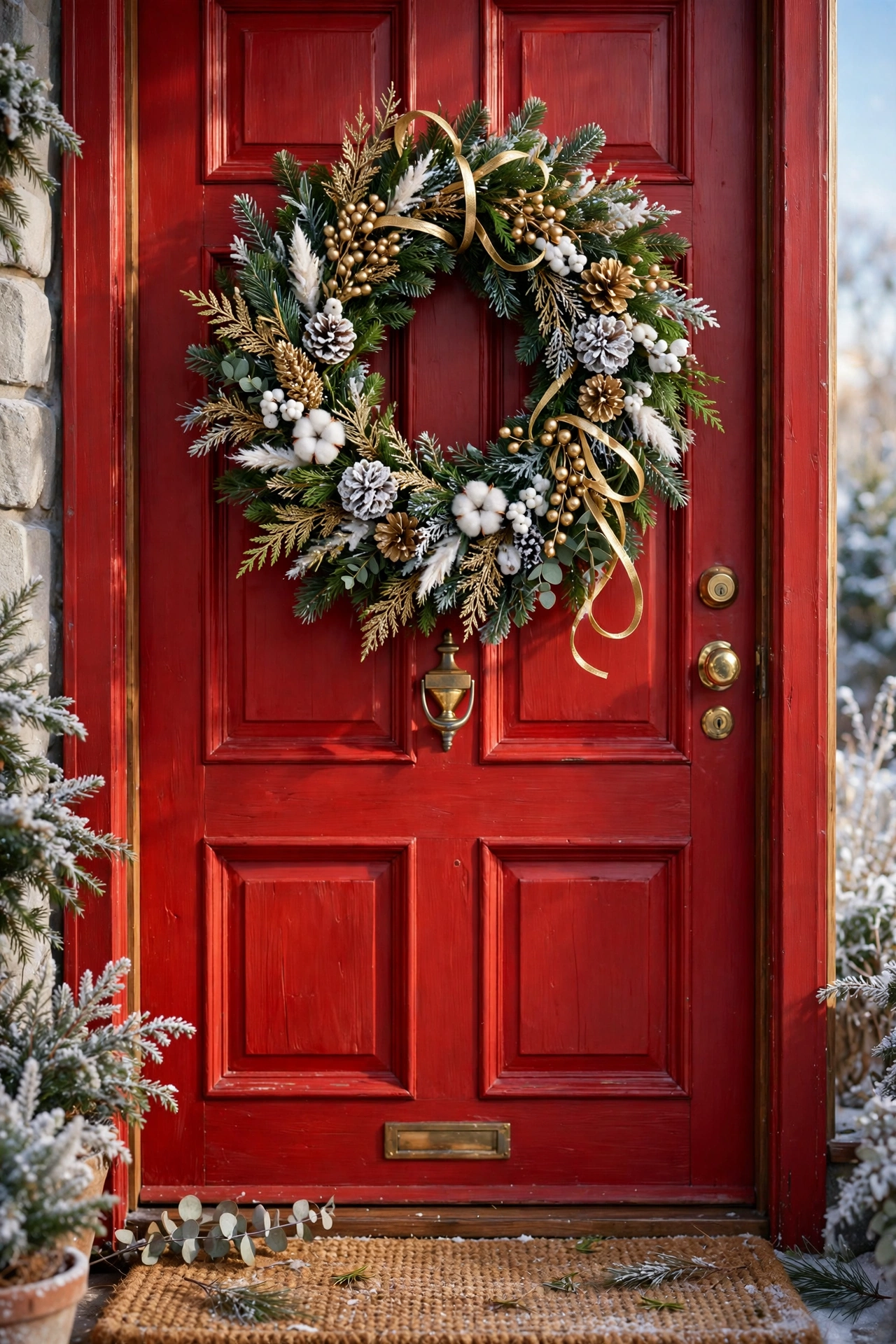 painted red front door christmas wreath