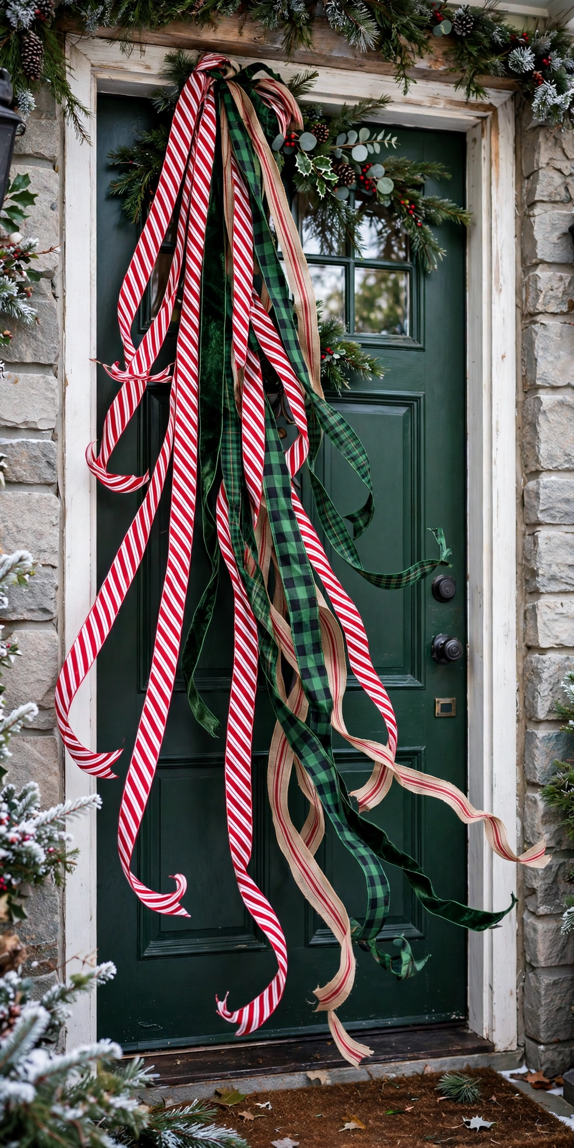 candy cane striped ribbon front door christmas