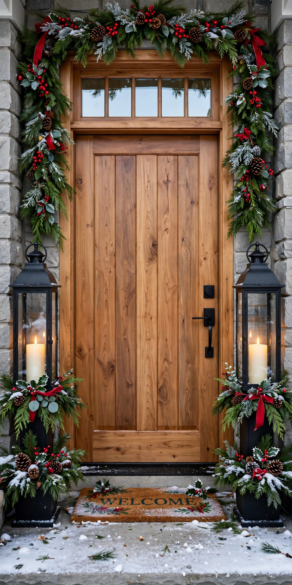 christmas lanterns flanking front door