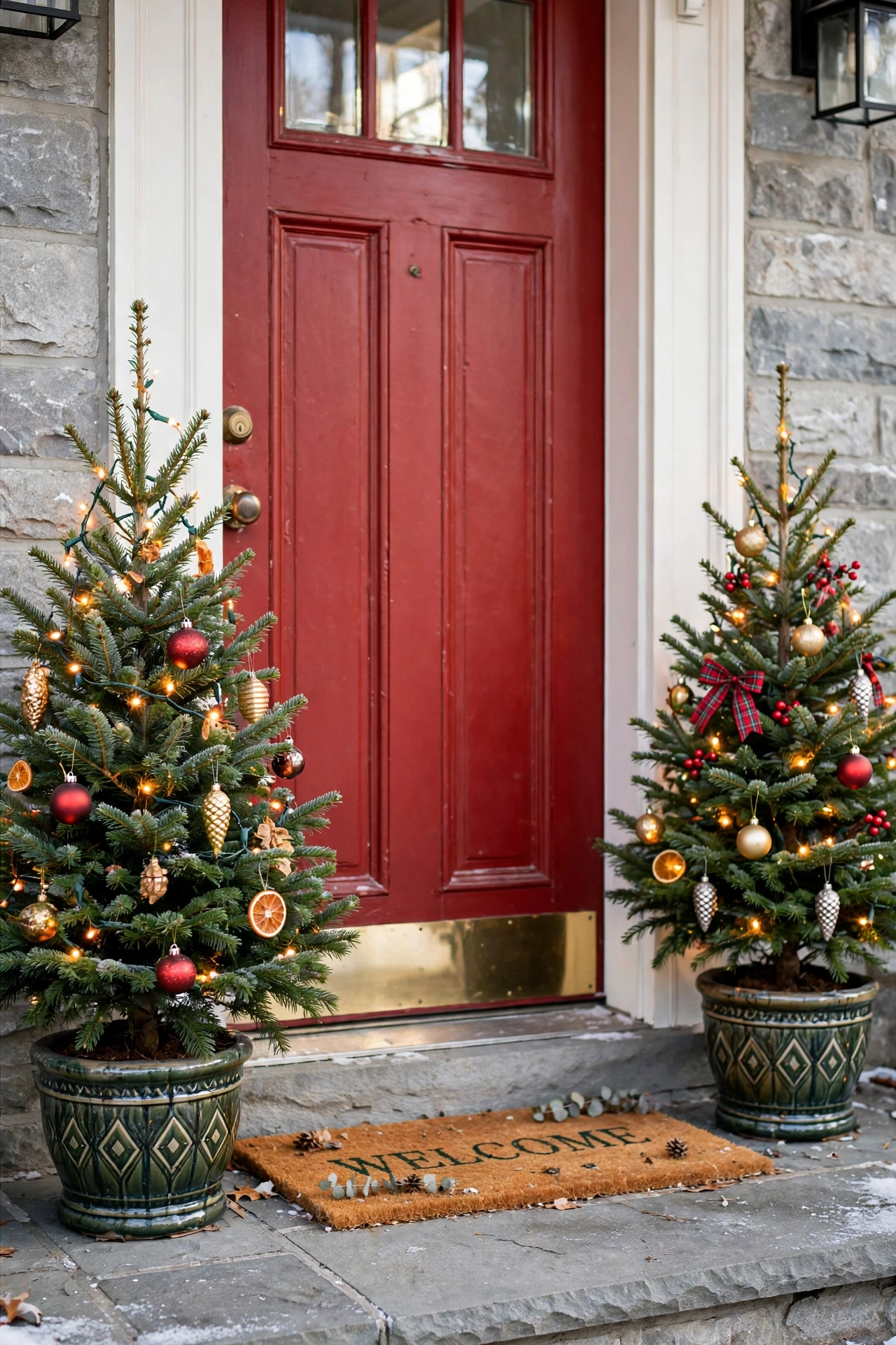 potted mini christmas trees front door entrance