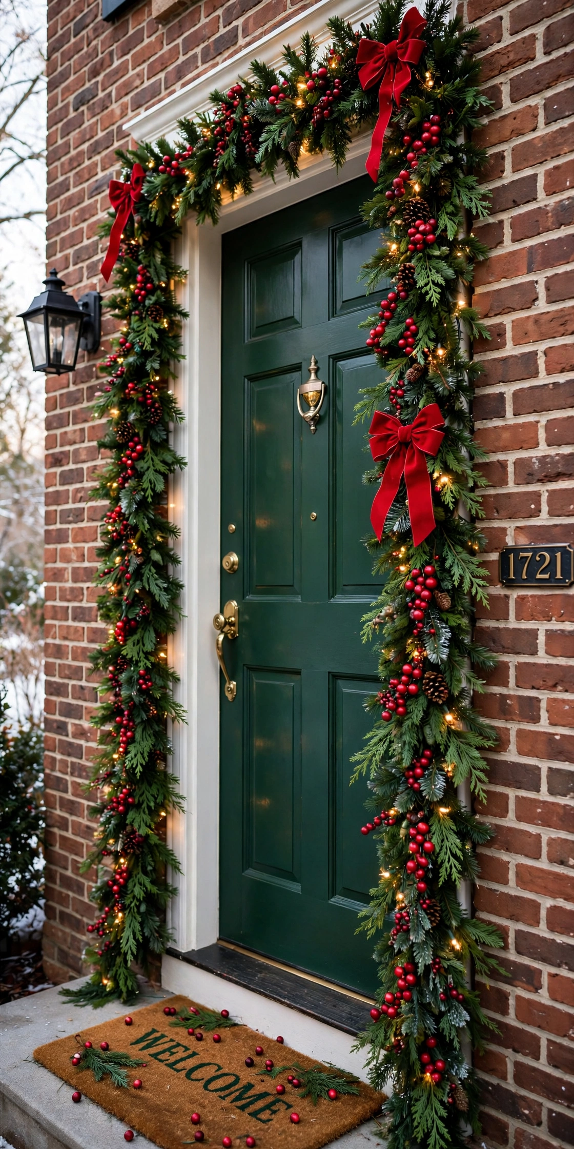 traditional red green christmas front door decor