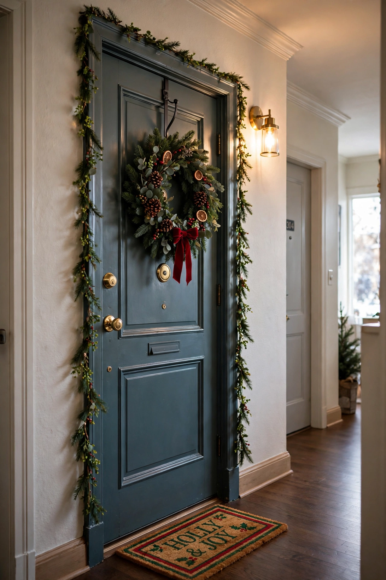 apartment front door christmas decor interior