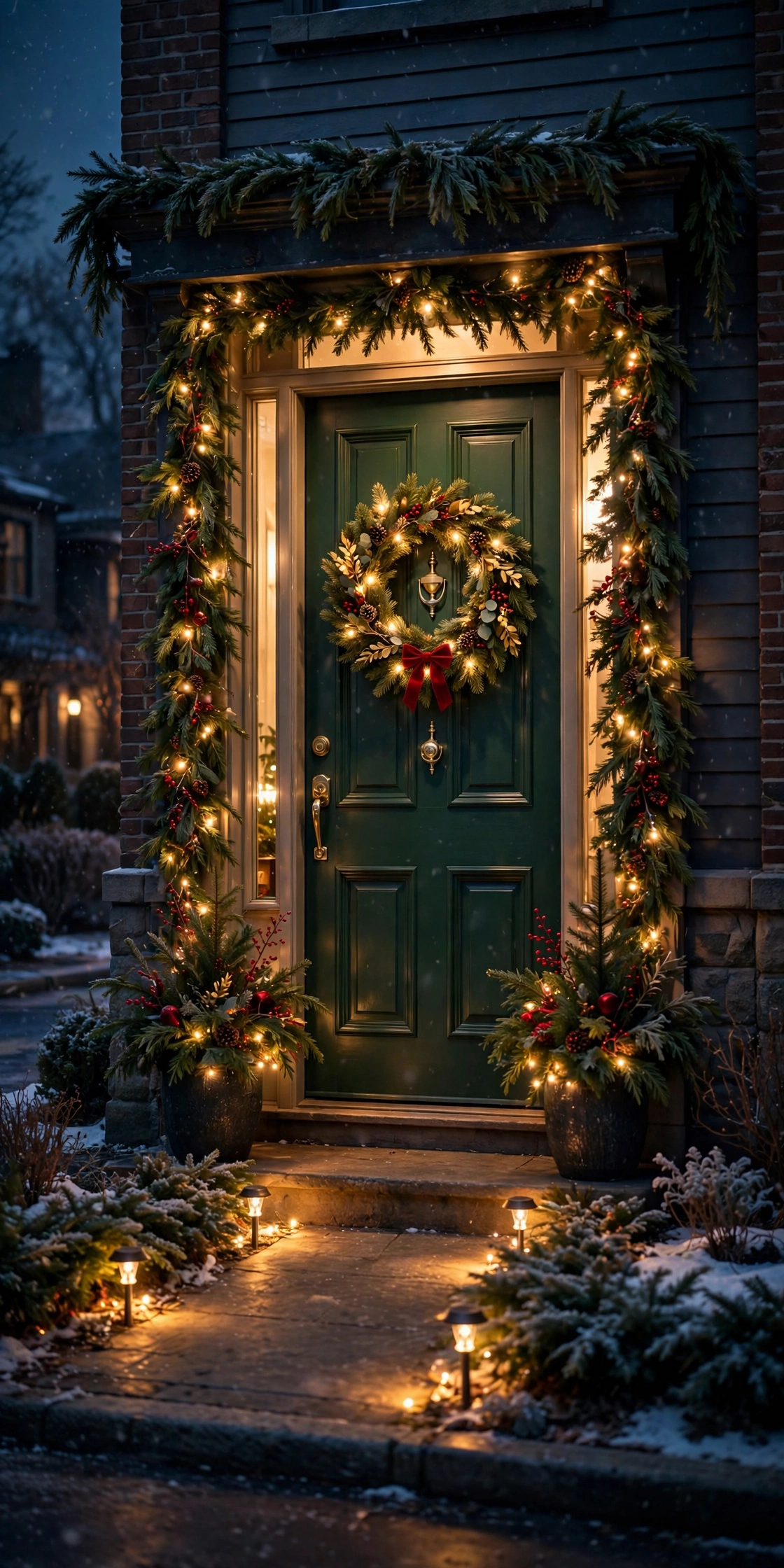christmas front door lit at night curb appeal