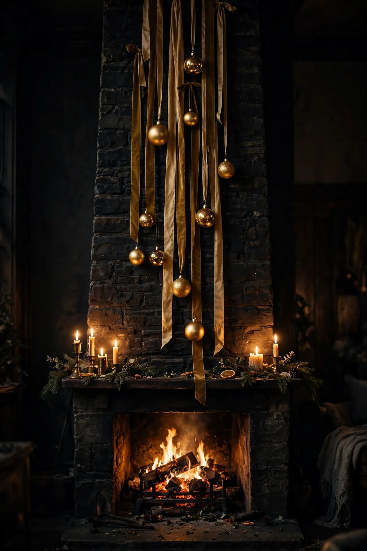 Baubles Cascading Down The Chimney Breast christmas fireplace baubles cascading chimney breast ribbons