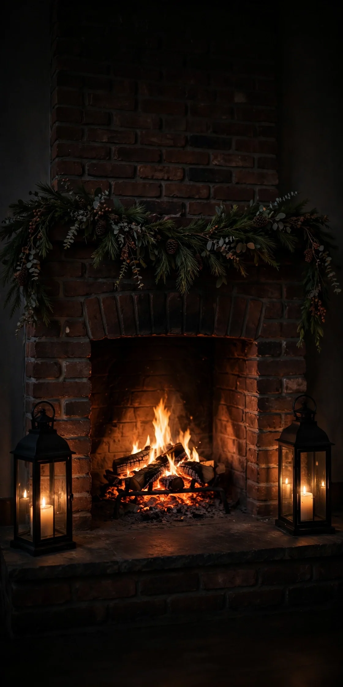 Twin Lanterns Flanking The Fireplace christmas fireplace twin lanterns symmetry chimney breast