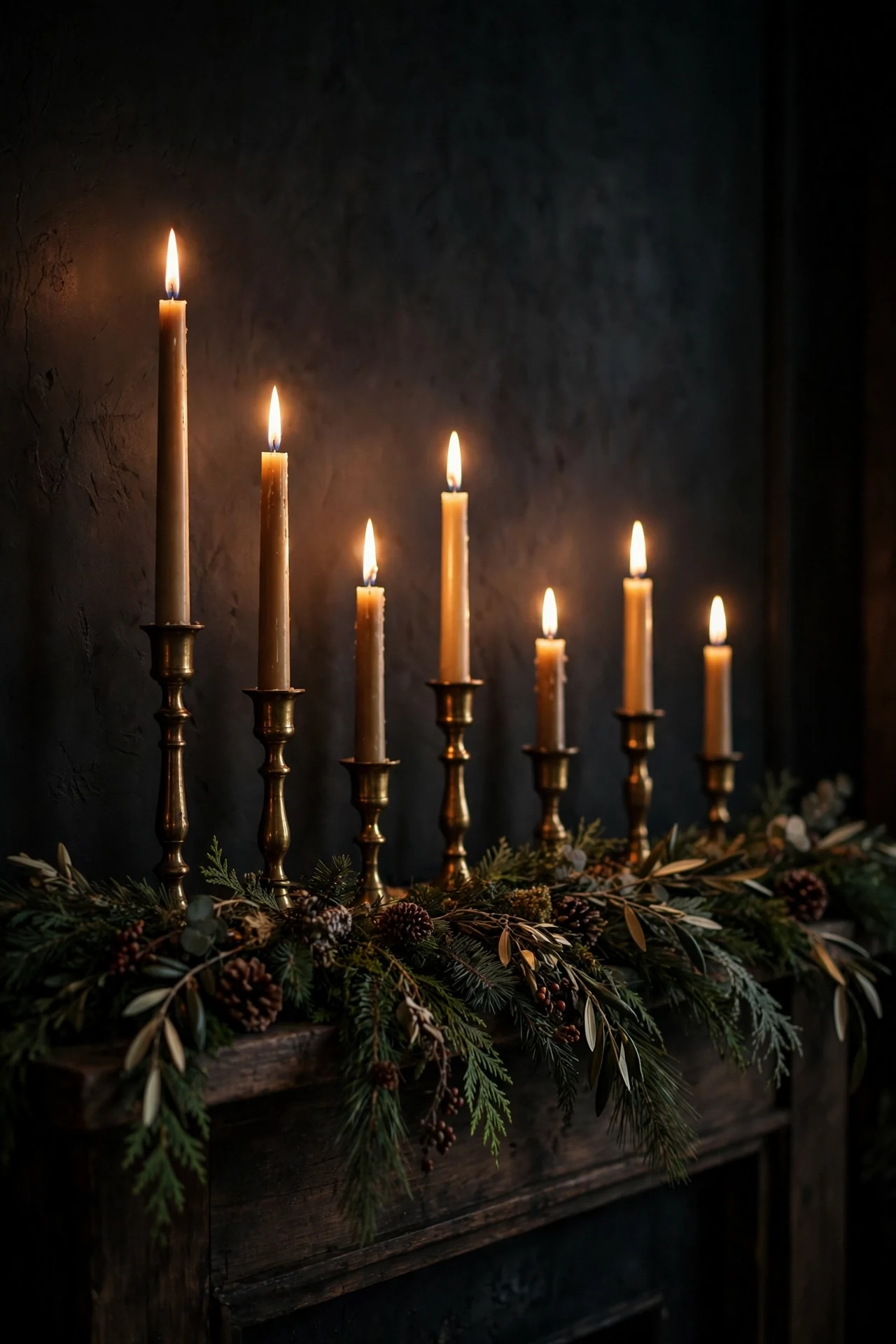 Taper Candles Lining The Mantel Shelf christmas mantel candles taper holders fireplace glow